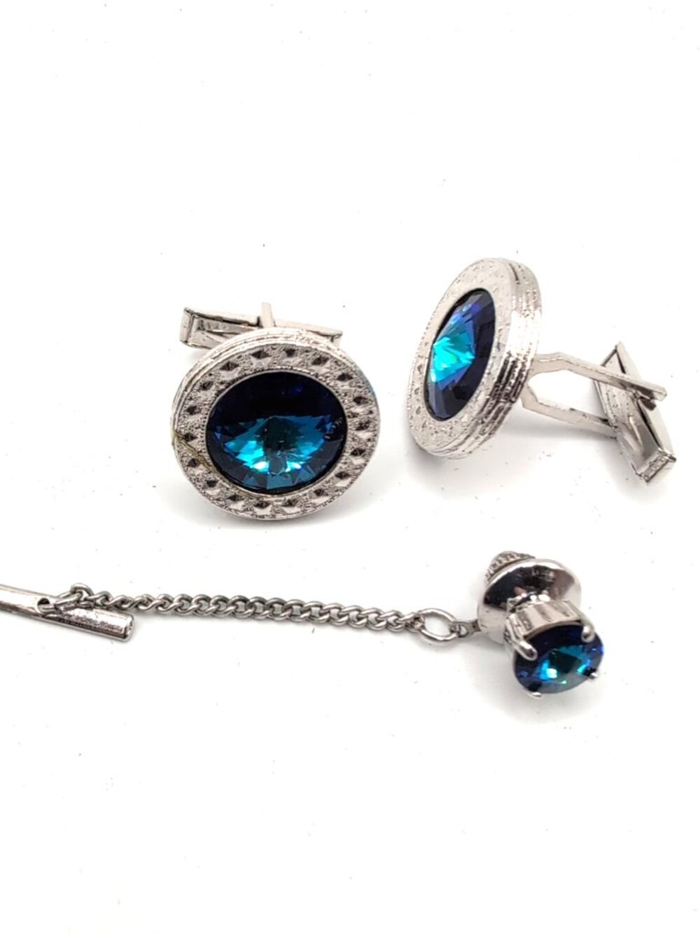 Silver Tone Cufflinks w/ Large Blue Faux Gemstones 7/8" Diam + Matching Tie Tack - Picture 2 of 7